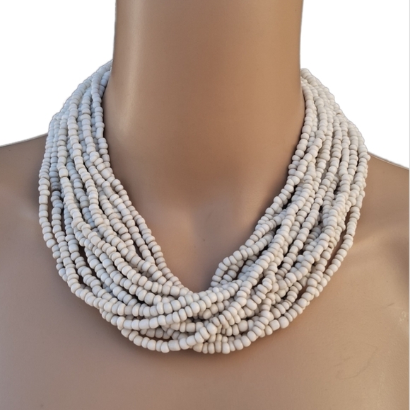 Vintage Jewelry - Vintage Cream White Multi-Strand Seed Bead Statement Necklace Boho